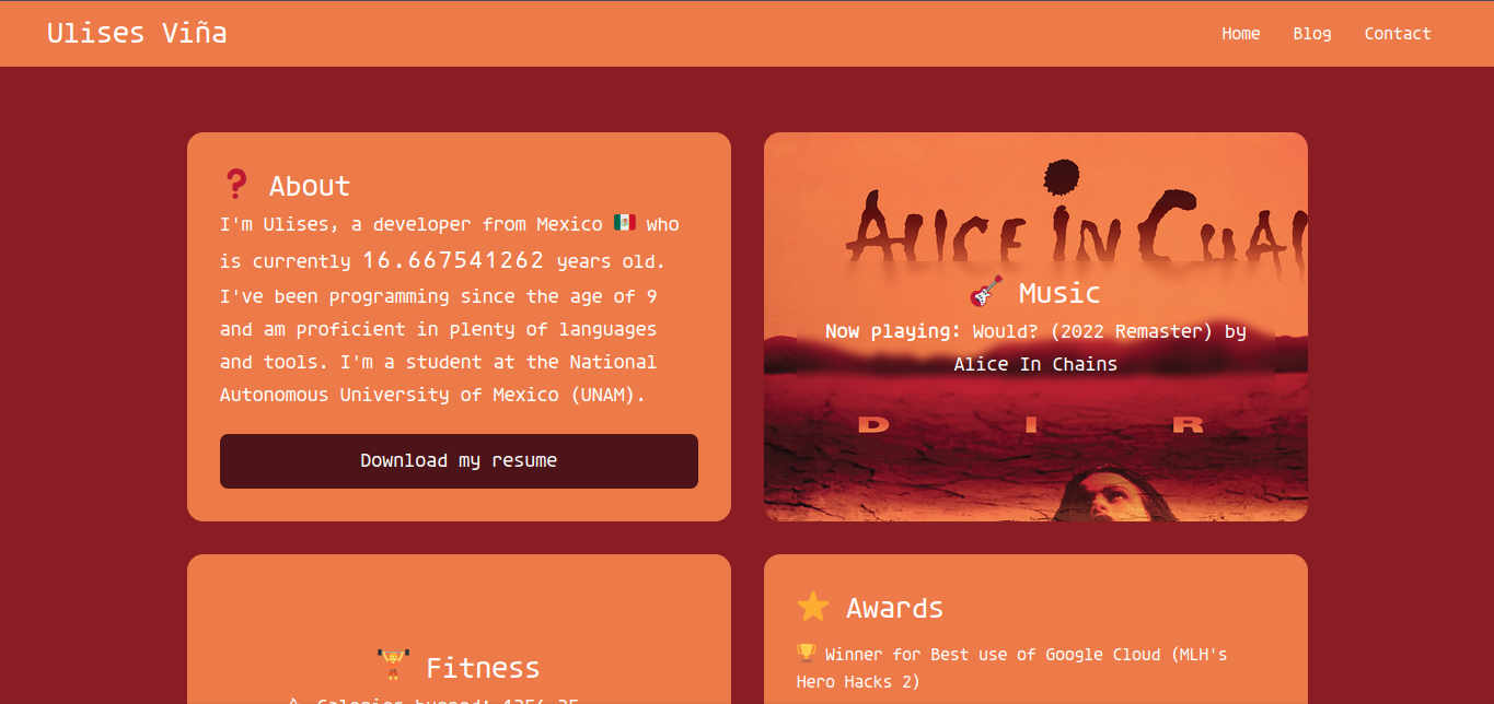 Author's portfolio homepage, featuring the dynamic colour palette.
