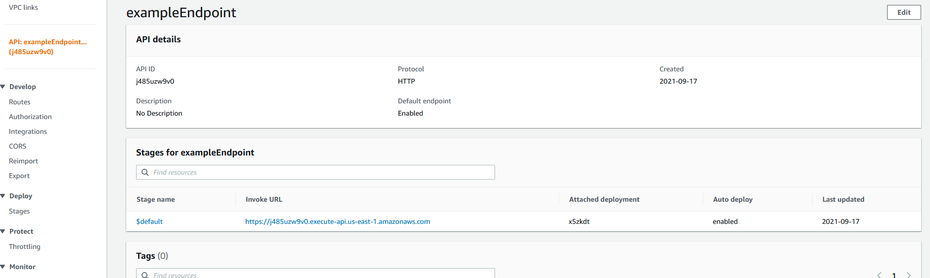A recap screen showing the API ID, stage, and invoke URL. There are links along the left for routes, throttling, authorization, and more.