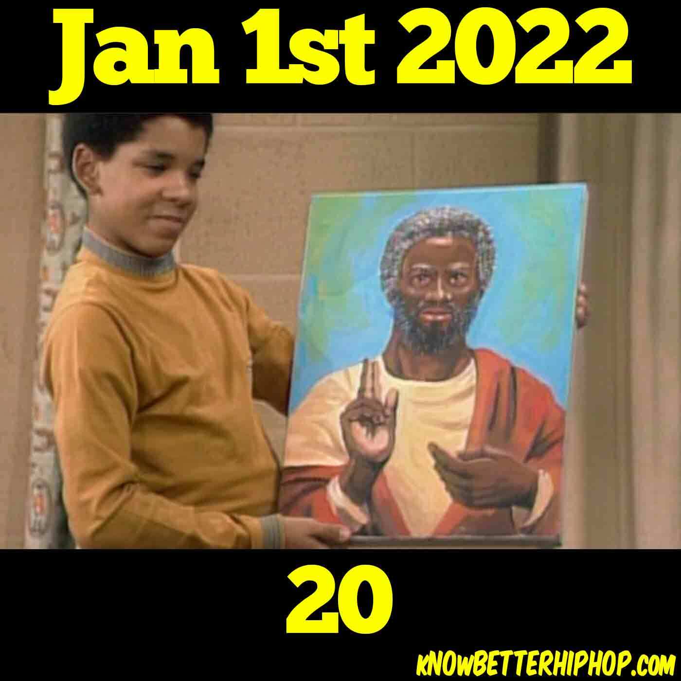 Radio show episode image of Michael from "Good Times" holding a painting of Black Jesus that JJ painted with the words Jan 1st 2022 20