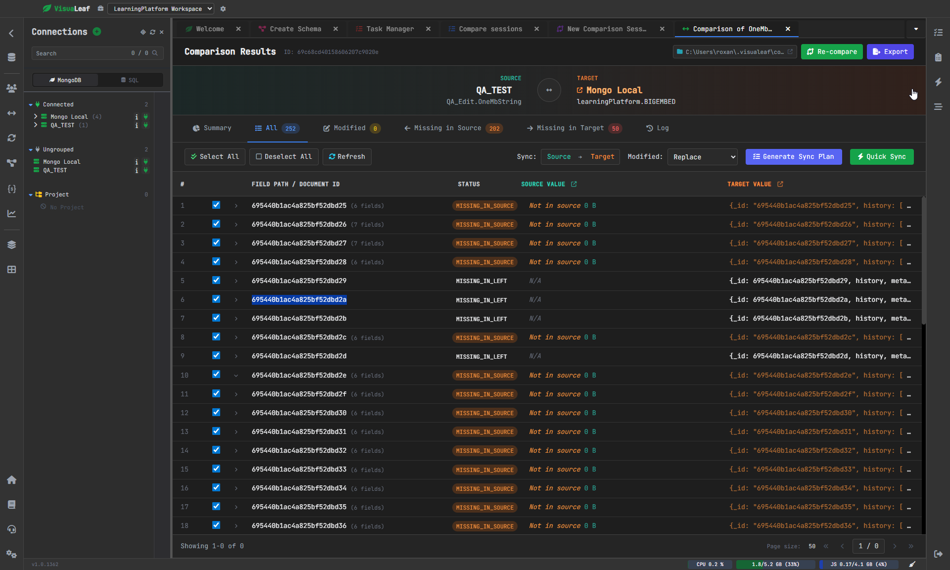 MongoDB collection compare tool showing differences between collections across environments