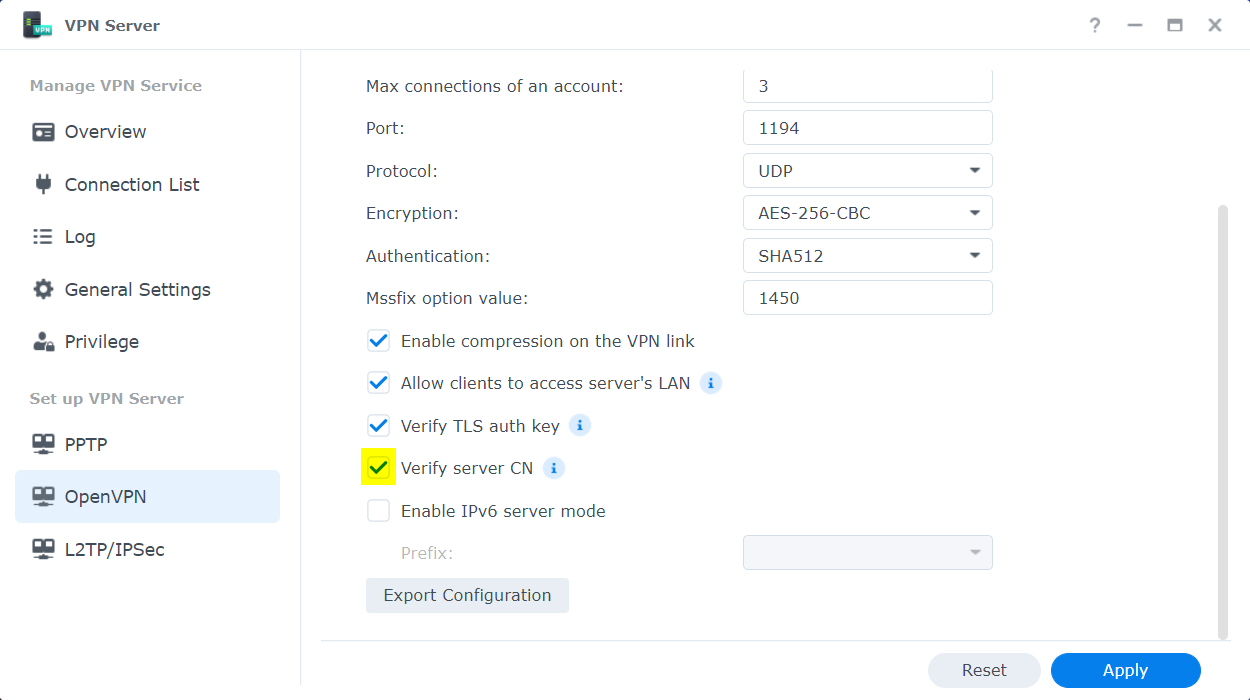 'Verify server CN' checkbox ticked