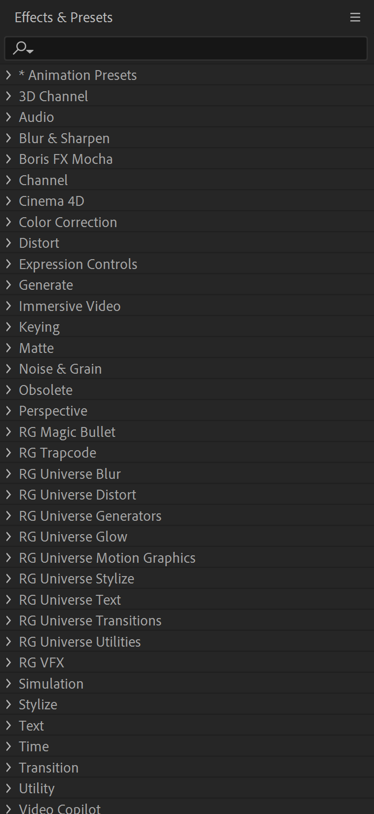 Screenshot of the after effects effects and presets pannel.
