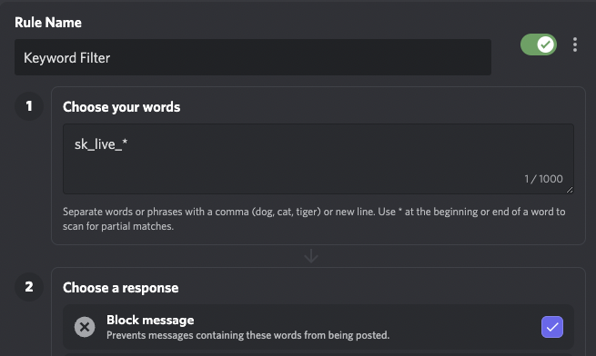 Using Discord's AutoMod tool to prevent secret key leaks