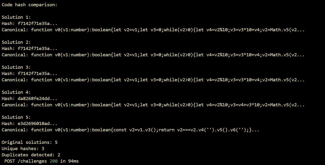 Console screenshot of duplicate detection test results