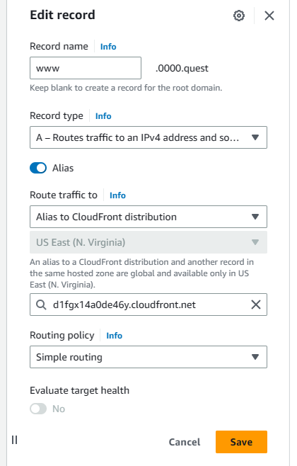 AWS subdomain domain updated A record settings screenshot