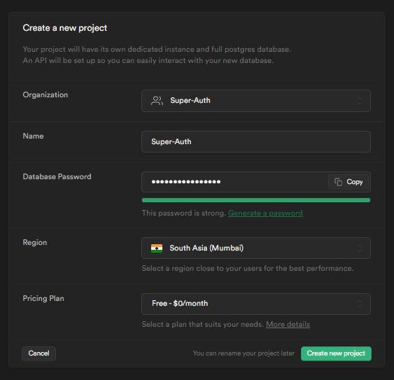 Screenshot - Create a new project page