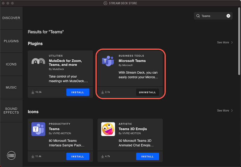 The Teams item in the store