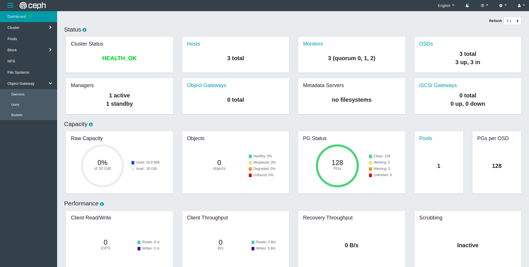 ceph dashboard showing a healthy ceph cluster