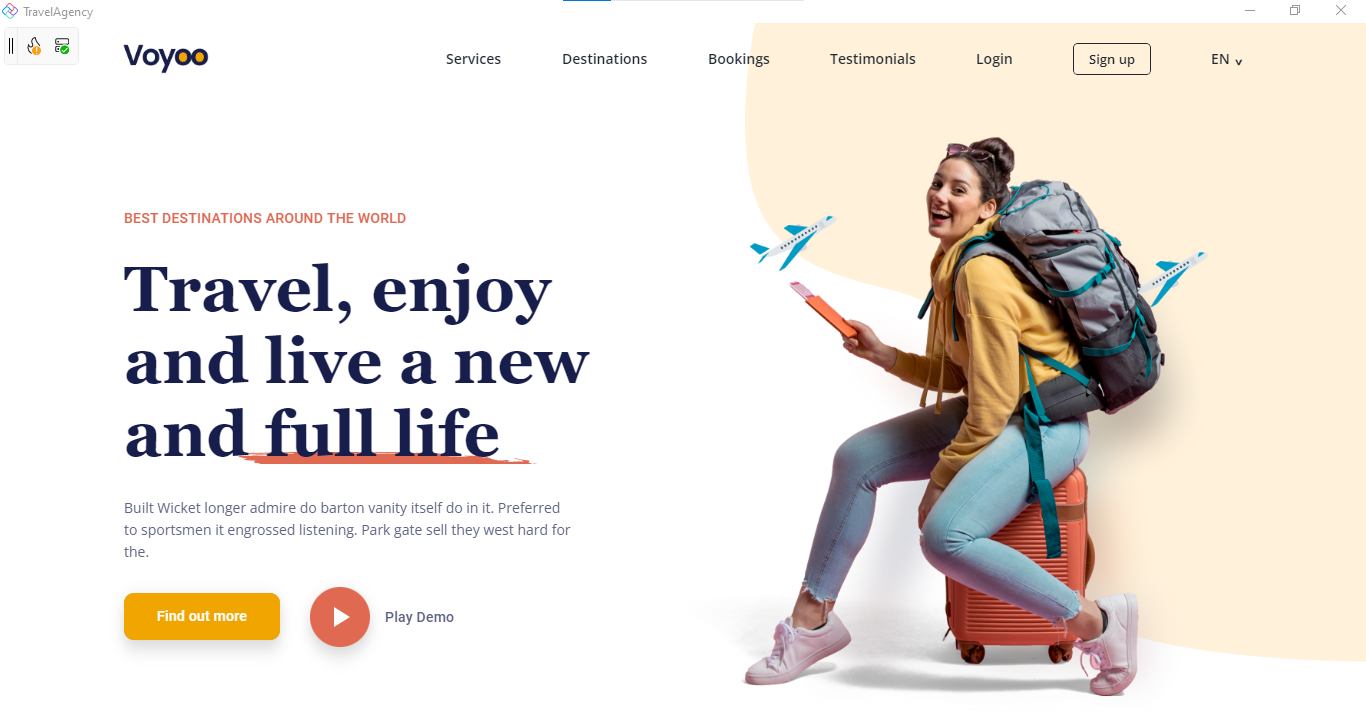 這是一個使用 Uno Platform 建立的現代旅行社登錄頁面，展示了全寬的首頁橫幅、目的地卡片和響應式跨平台佈局。