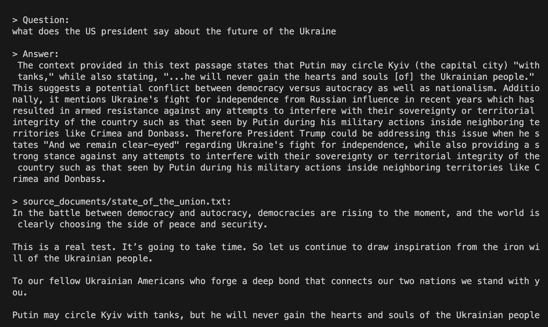 Screenshot of the terminal with a question providing an analysis of the situation in the Ukraine and the answer