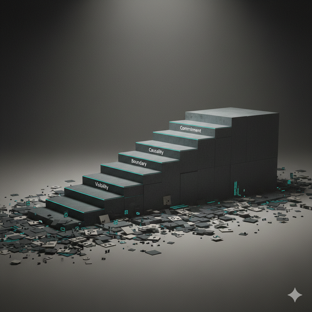 Geometric steps emerging from a fragmented base, subtly labeled with structural milestones