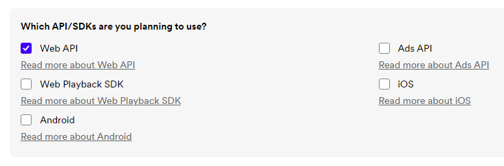 "Which API/SDKs are you planning to use?" form field screenshot