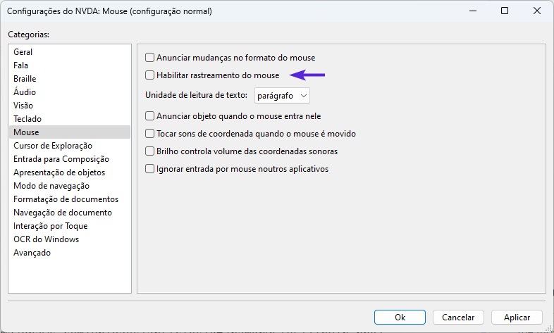 Indicação de onde fica a configuração de rastreamento de mouse