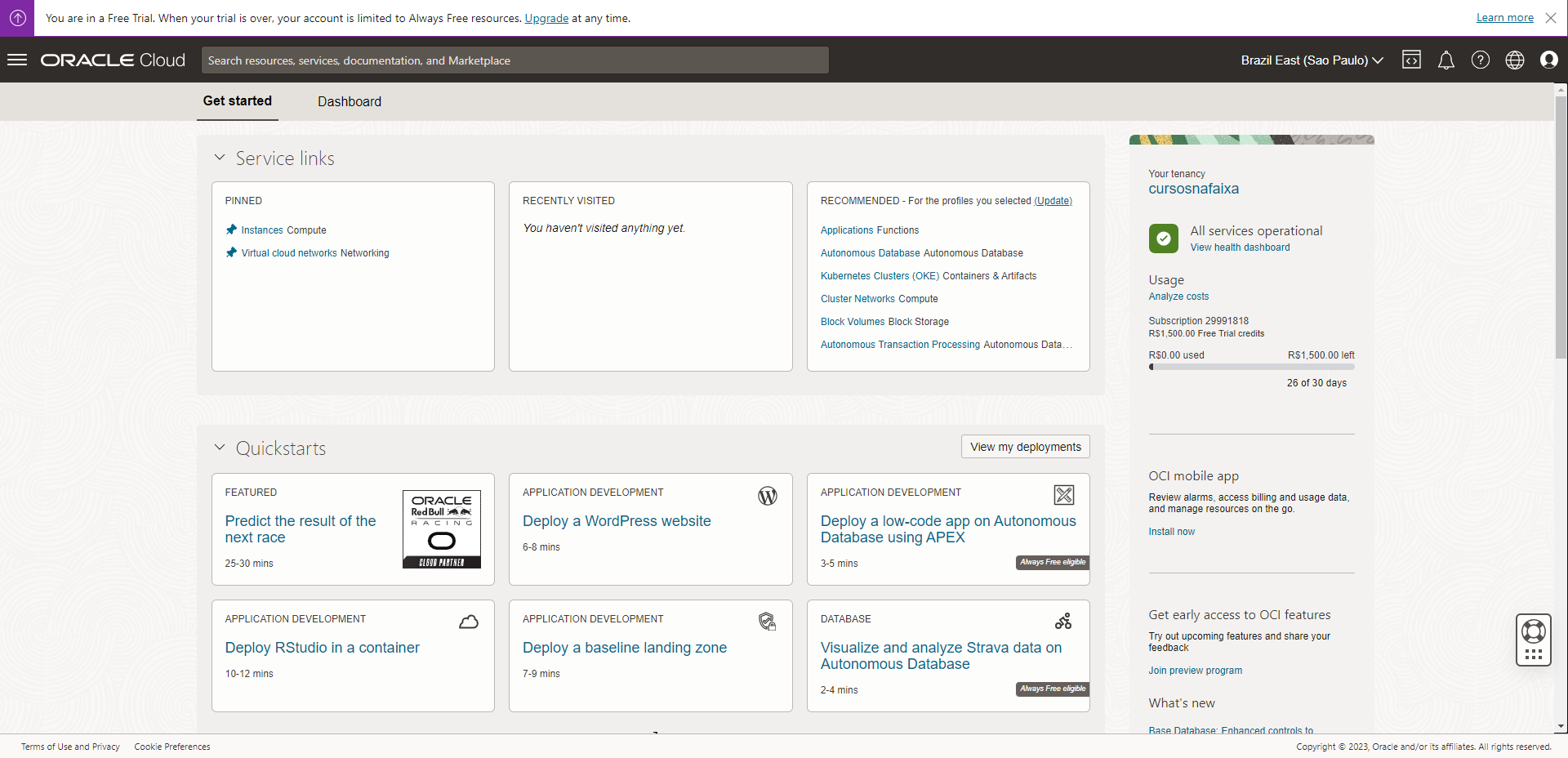Tela Inicial do Oracle Cloud