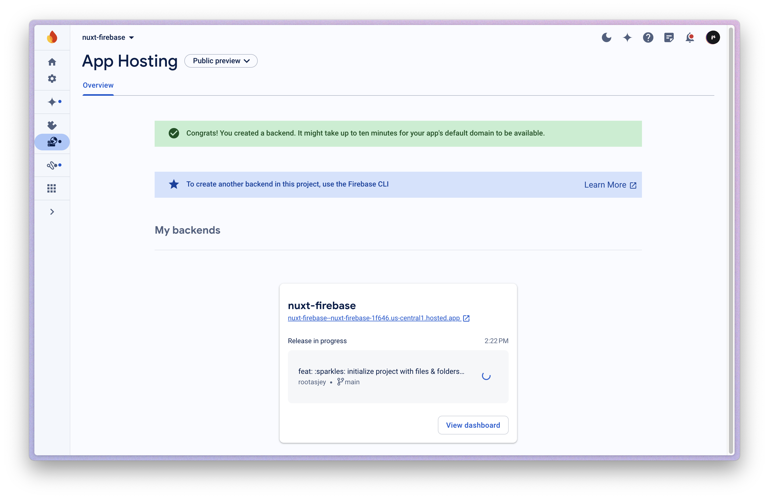 Firebase Console - App Hosting - Success