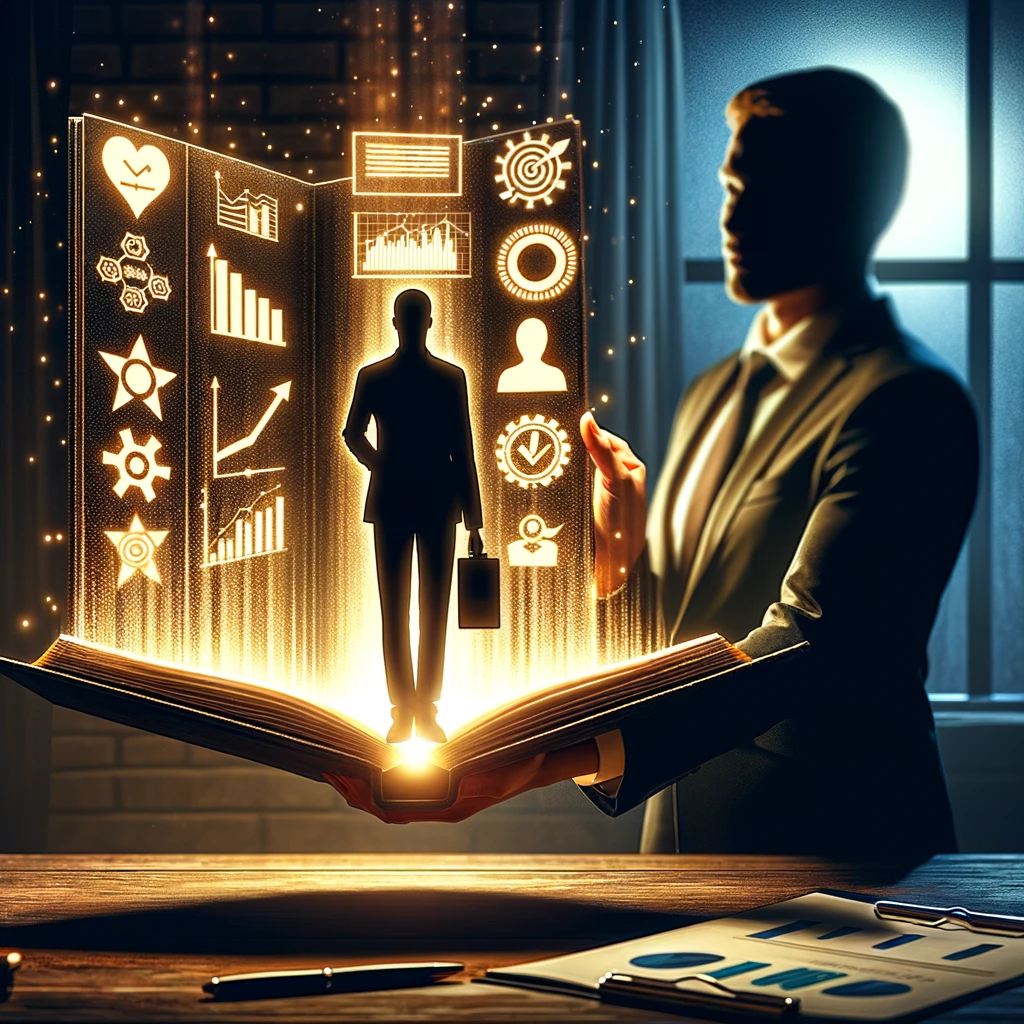 An image of a professional, confidently presenting a journal to a shadowed figure representing management or a review board. The journal's pages glow, illuminating the room, and are filled with charts, achievements, and positive feedback. This scene emphasizes the journal's role in showcasing an individual's value and contributions beyond daily tasks.