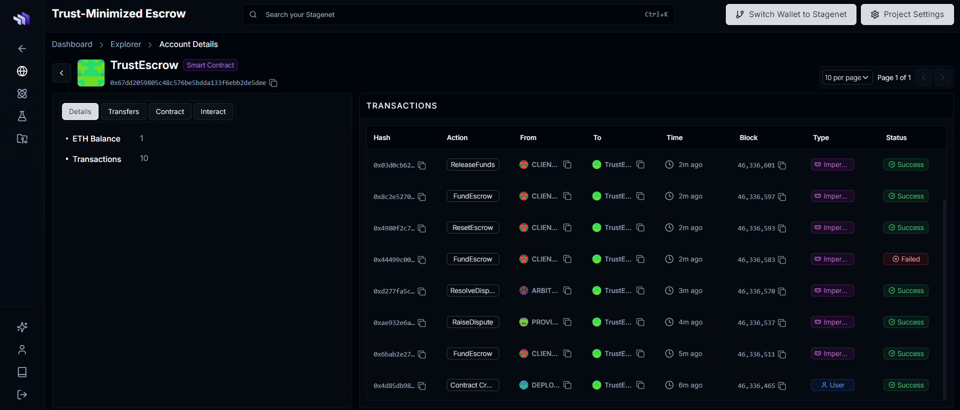 The Workspace dashboard showing the 1 ETH balance and the state variable changed to Funded - 2