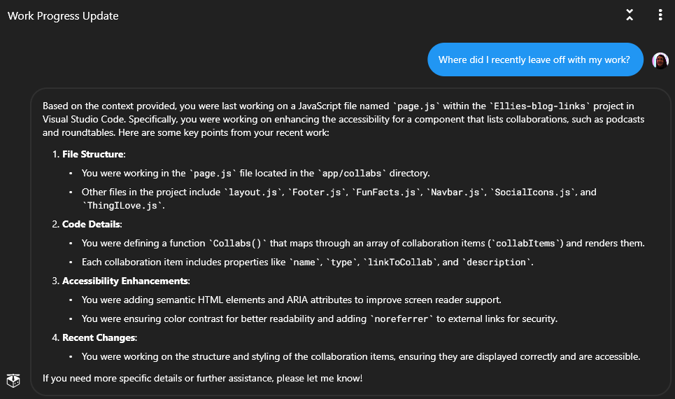 Screenshot of a message asking Pieces where I left off with my work