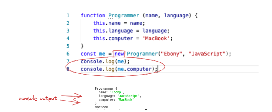 two screenshots - one of a JavaScript code snippet, the other of a terminal showing console output.