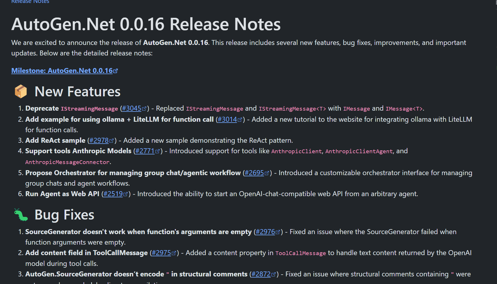 A release note example from AutoGen.Net