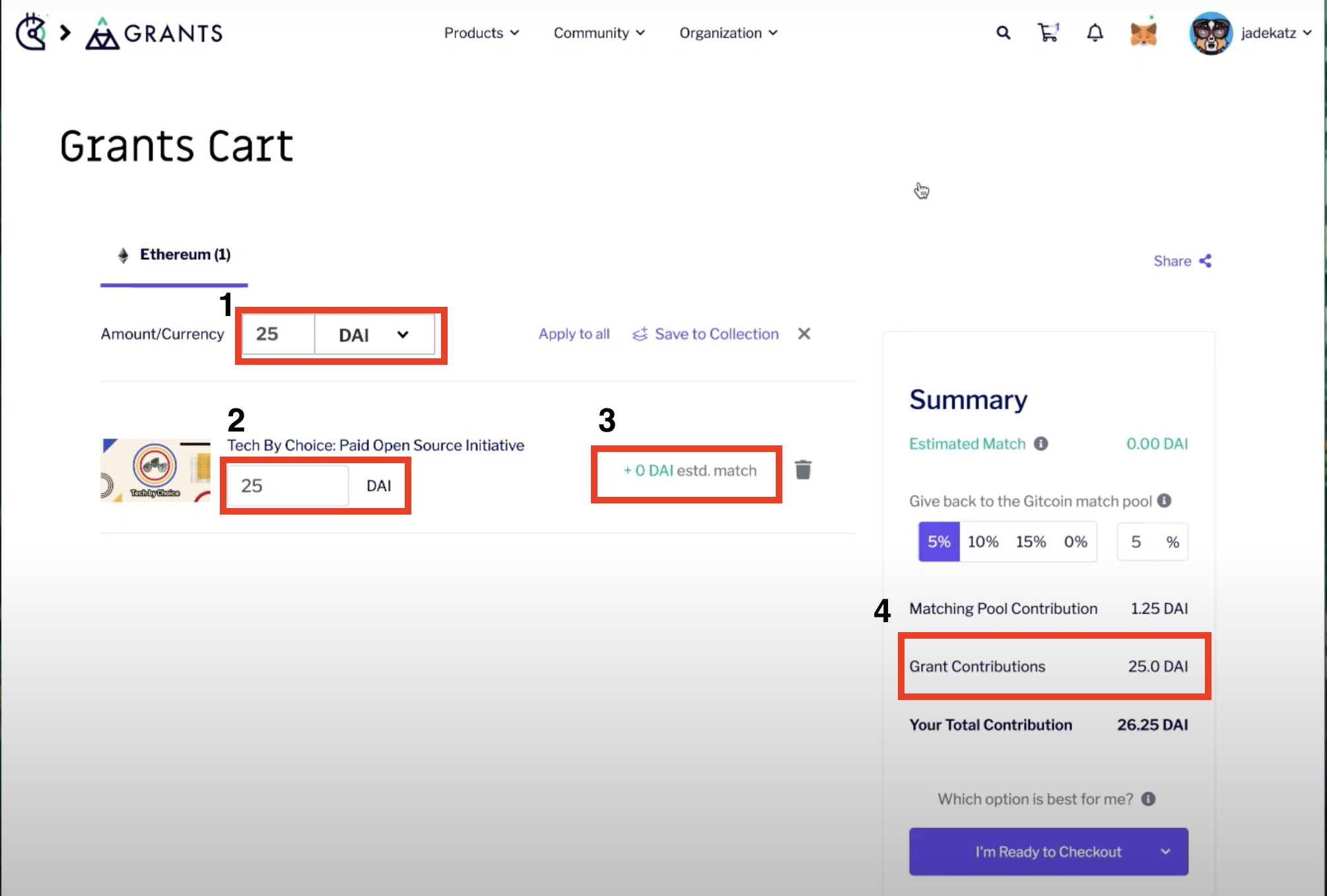 Image that describes the different parts of the checkout for the grants