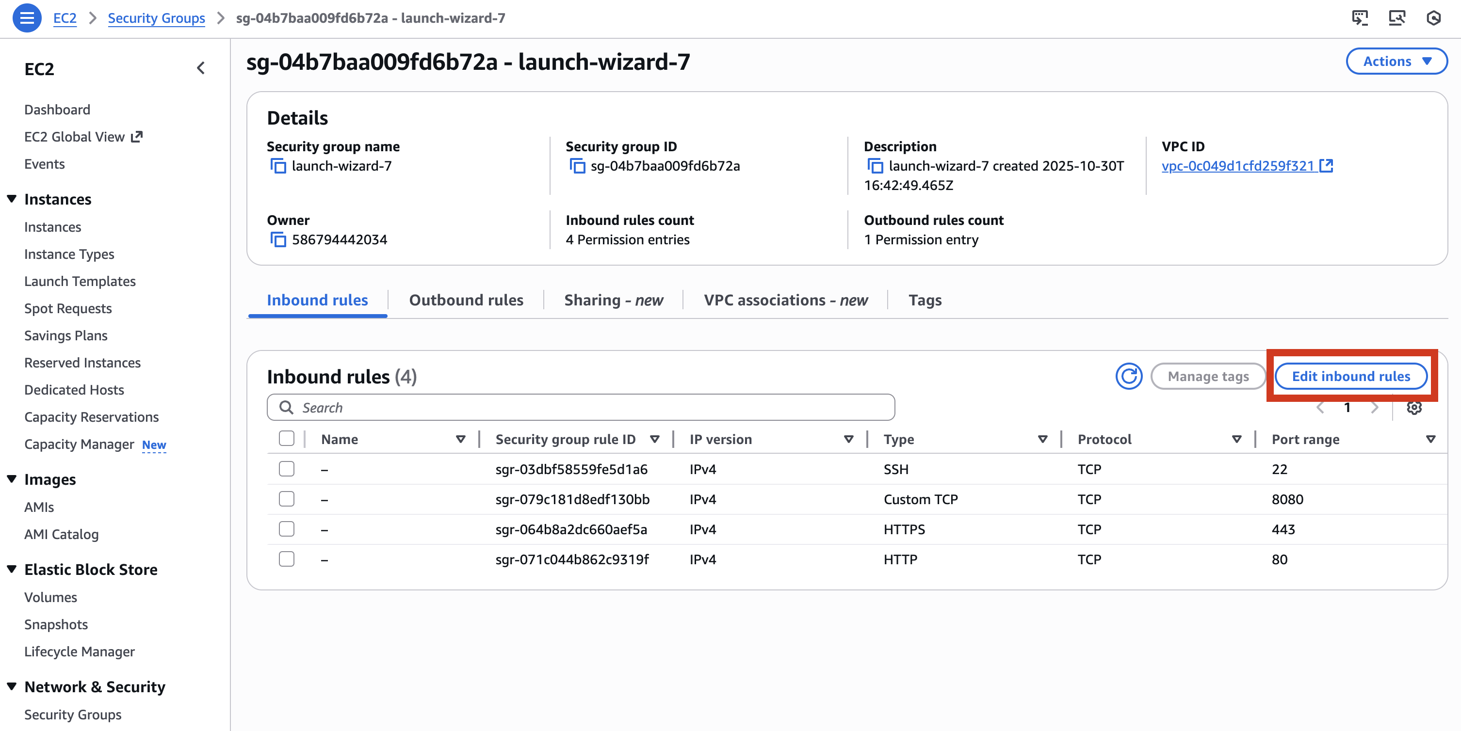 Edit inbound rules to remove port 8080
