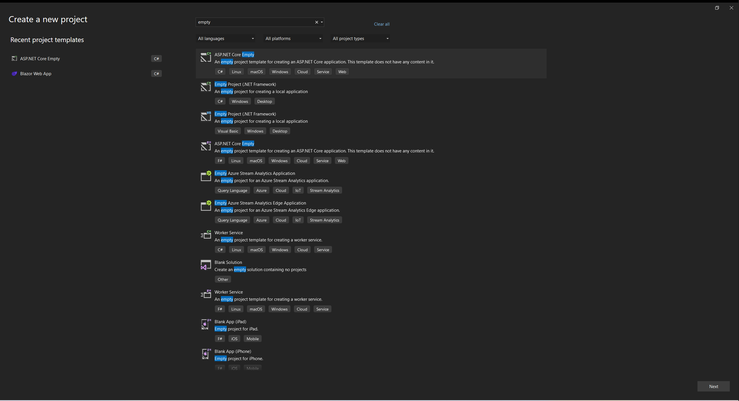 VS ASP.NET Core Empty Project