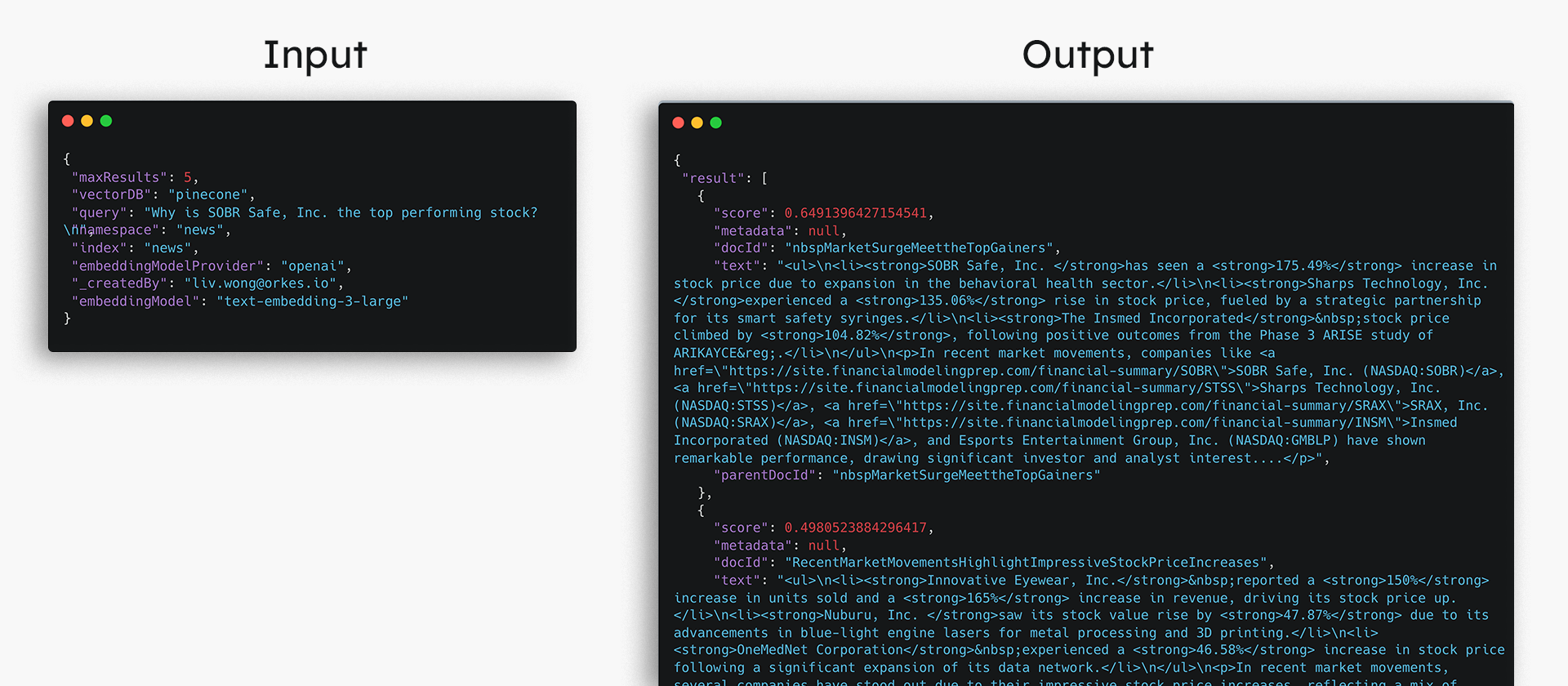 Diagram of the input, containing the user query versus the output, containing the relevant data from the vector database.