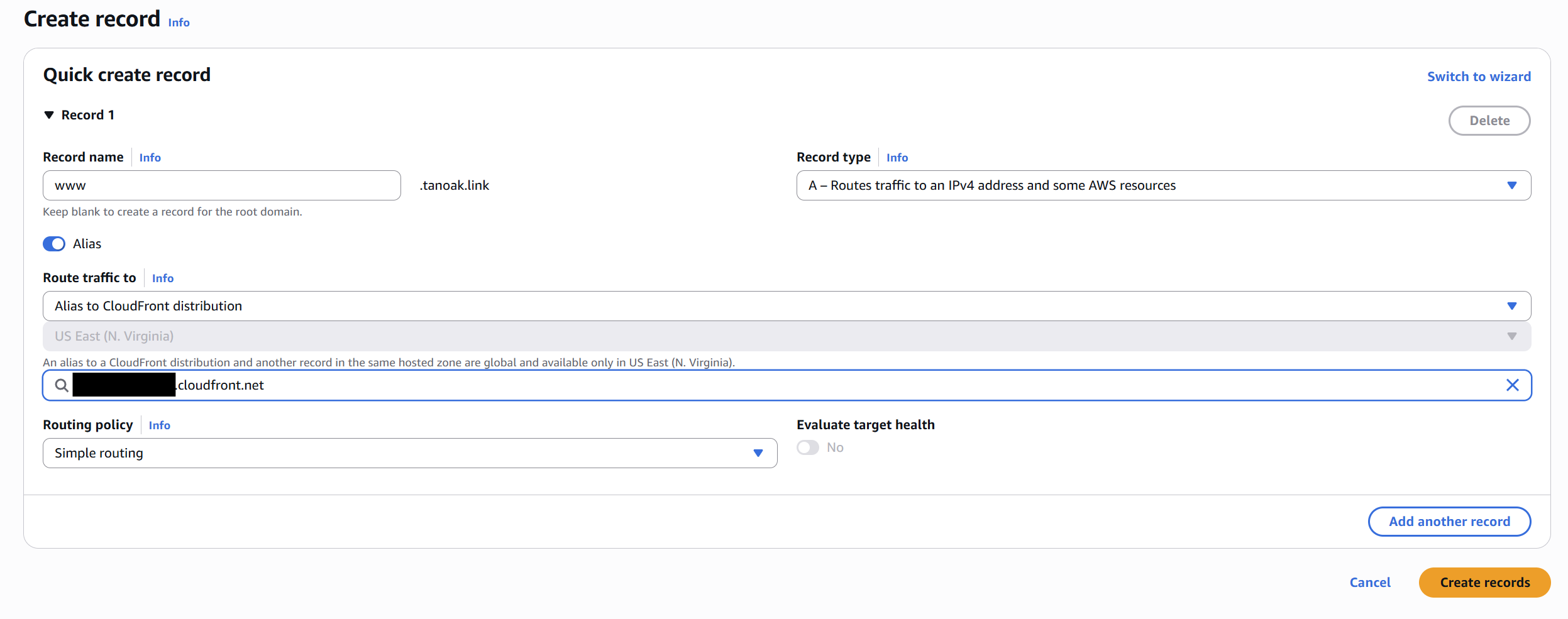 Route 53 A record for the www subdomain aliased to CloudFront