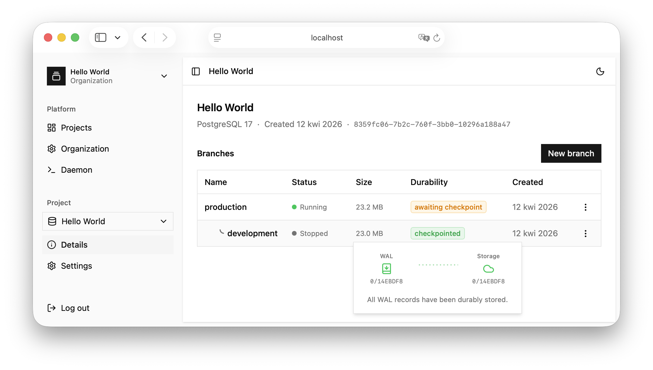 Screenshot from Dashboard