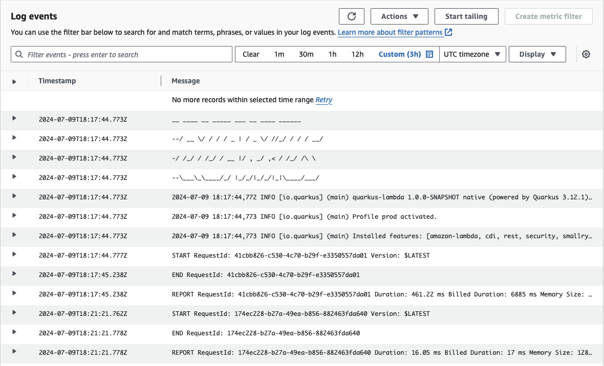 CloudWatch log output