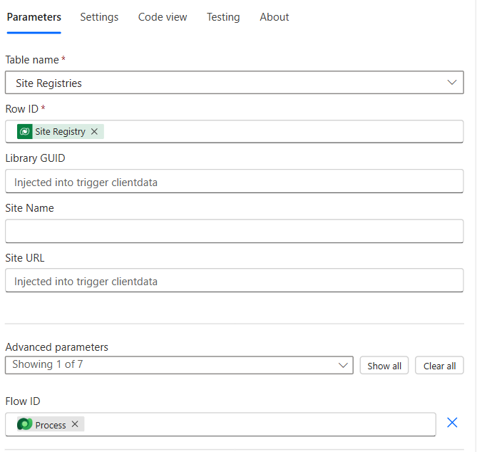 Screenshot: Update a row action — writing the Flow ID back to Site Registry