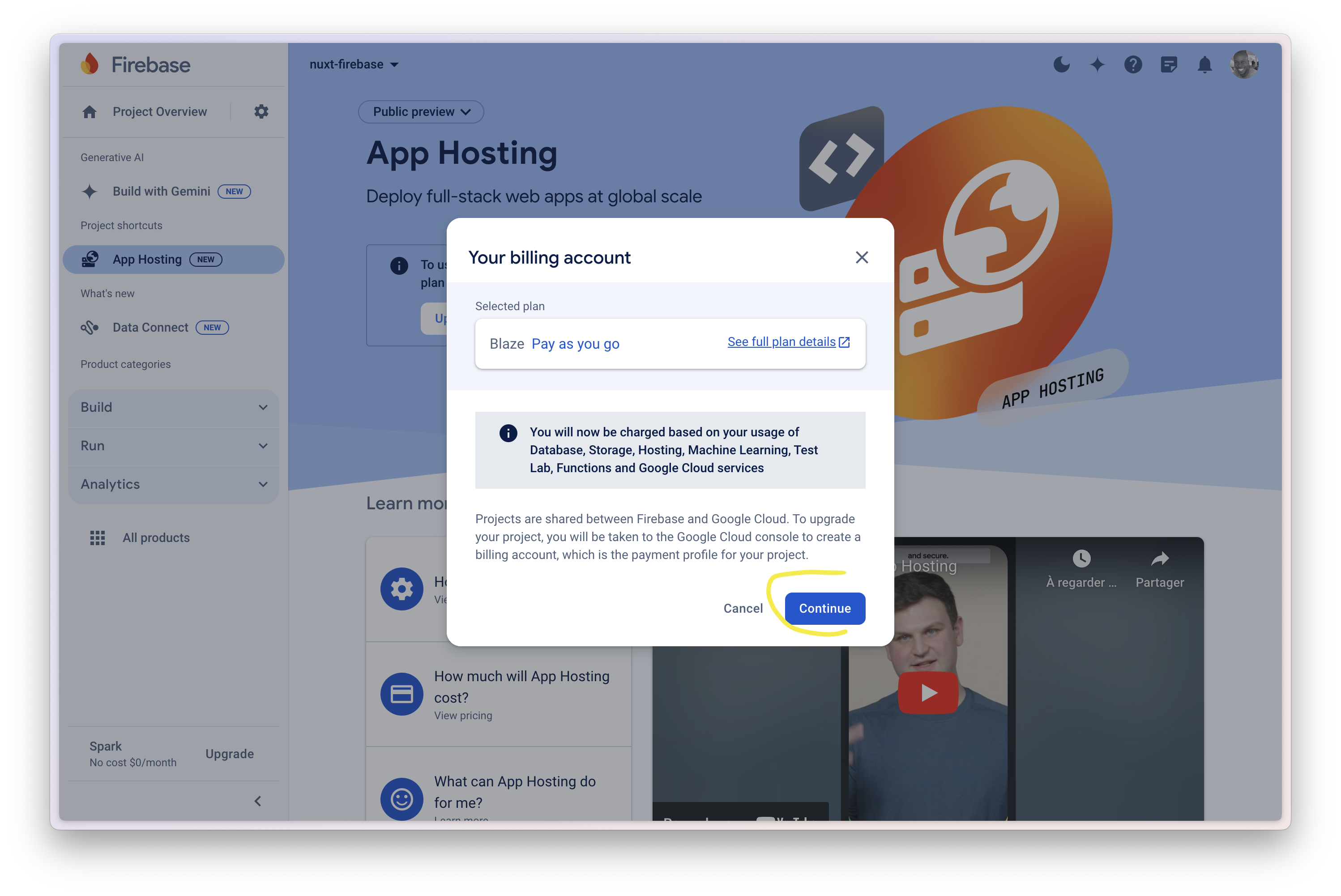 Firebase Console - App Hosting - Upgrade project
