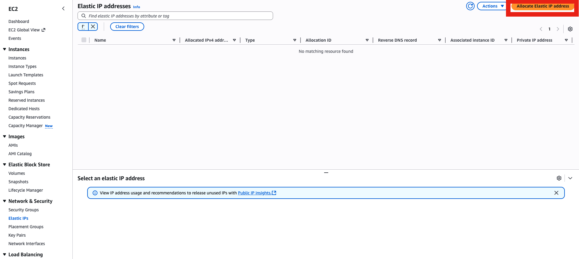 Click on Allocate Elastic IP address button