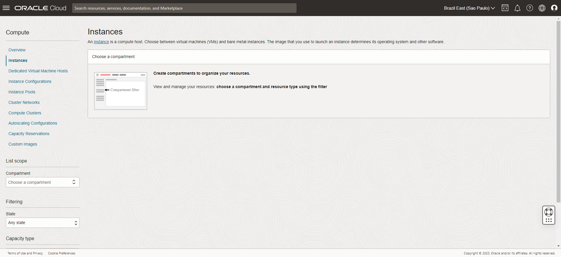 Tela de instâncias - primeiro acesso