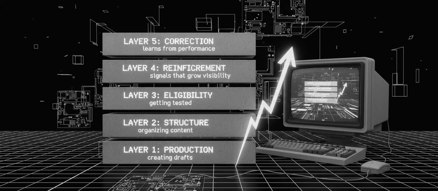 Five-layer stacked diagram showing the complete automation system: Production (bottom), Structure, Eligibility, Reinforcement, and Correction (top). Arrows indicate how signals flow upward for compounding growth.