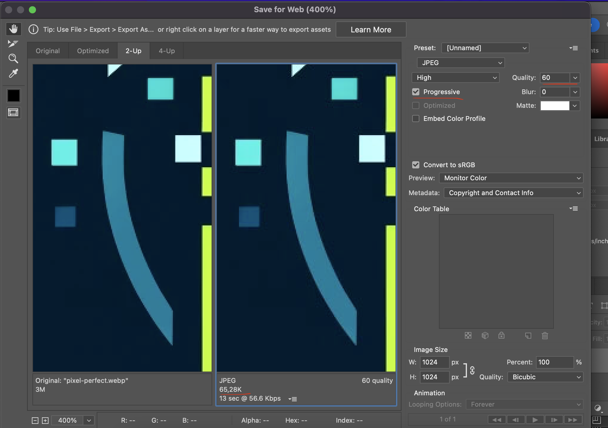 Photoshop save for web menu