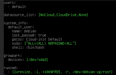 The cloud-init config for the Debian VM. The config creates a default user called &ldquo;debian&rdquo; and resizes the root volume using growpart and runcmd.