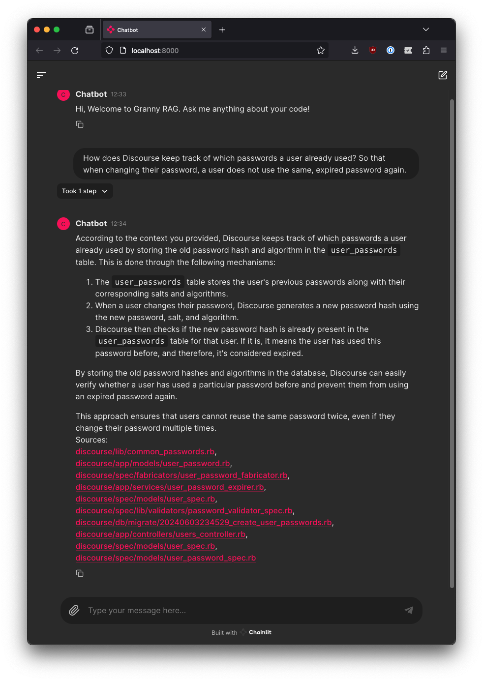 A screenshot of the chat UI conversation