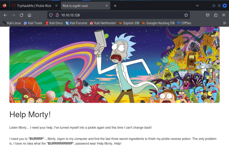 Tela inicial do alvo, com uma mensagem de pedido de ajuda do Rick para o Morty