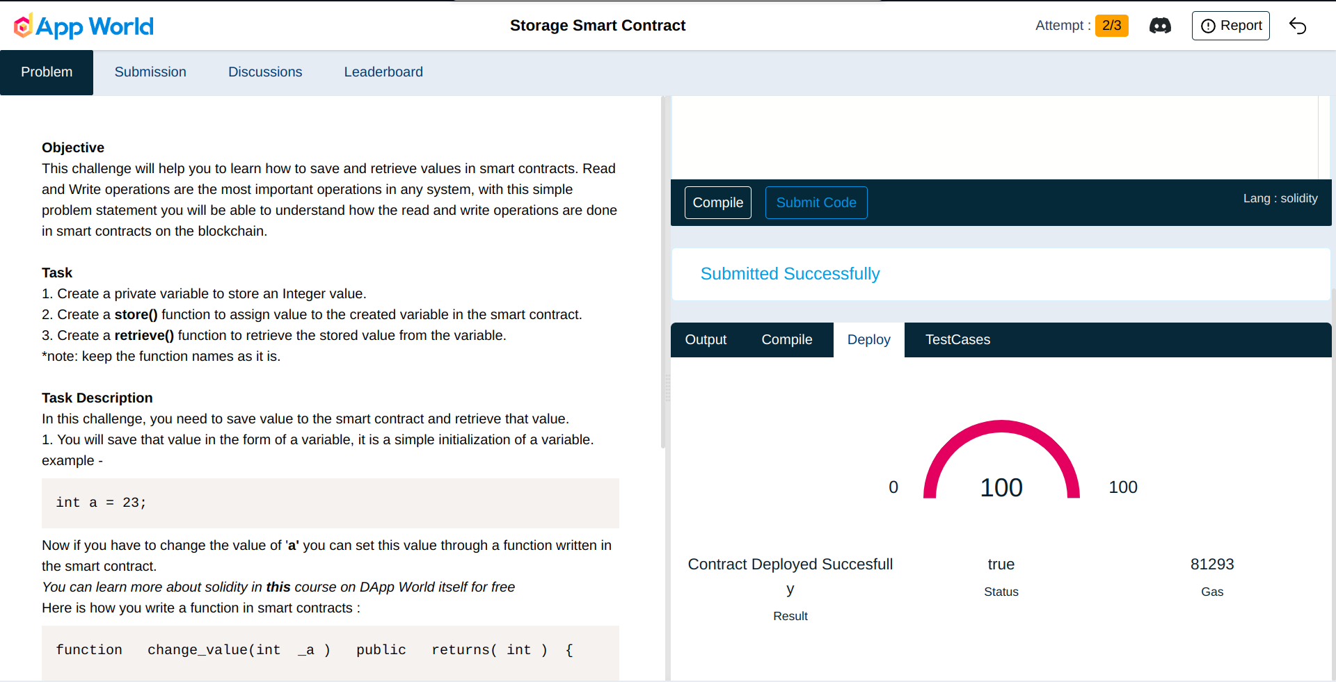 The score or answer results