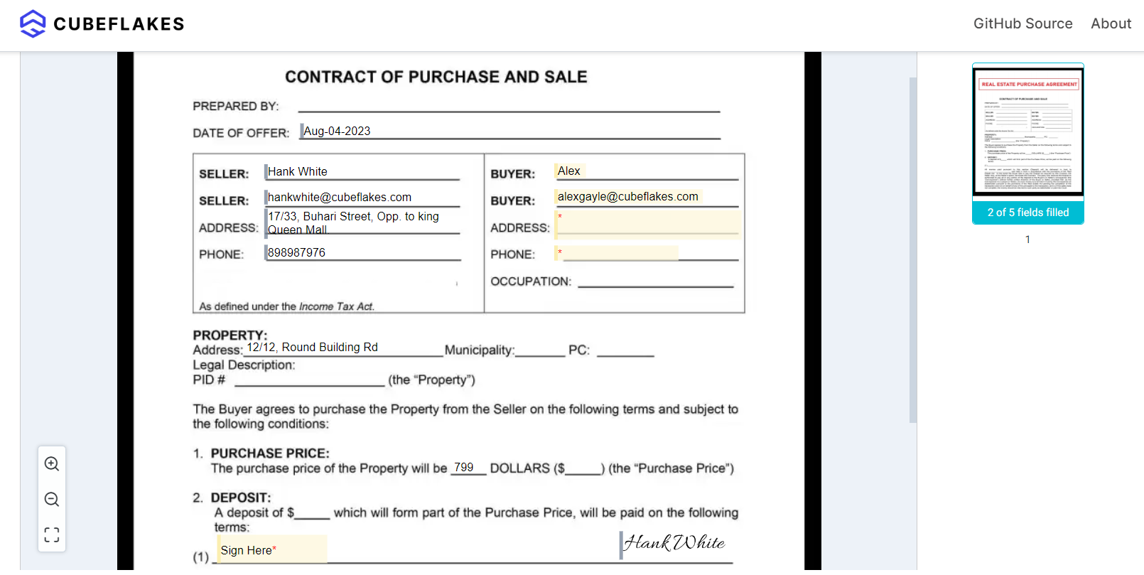 Signing page embedded in an application