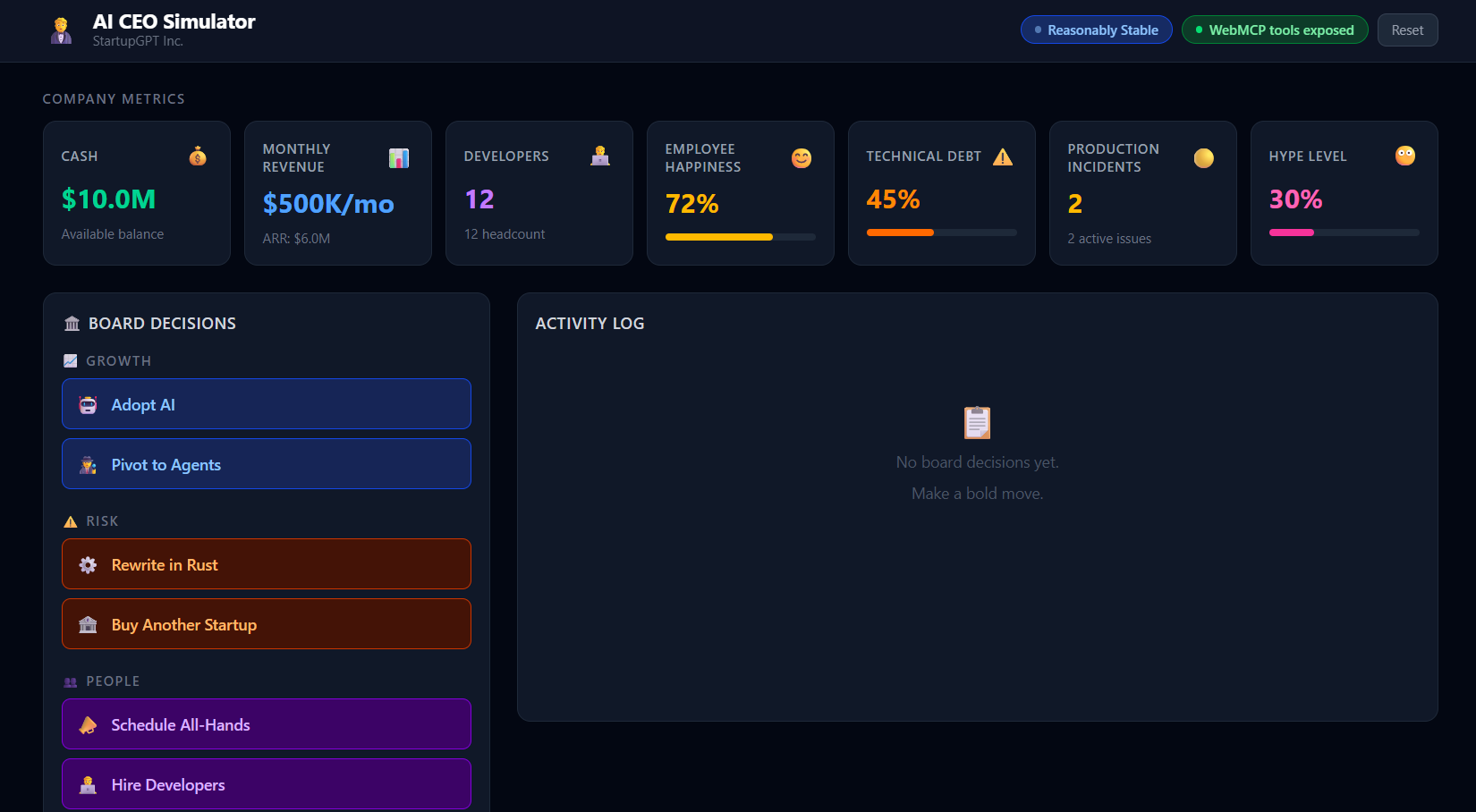 webMCP AI CEO simulator
