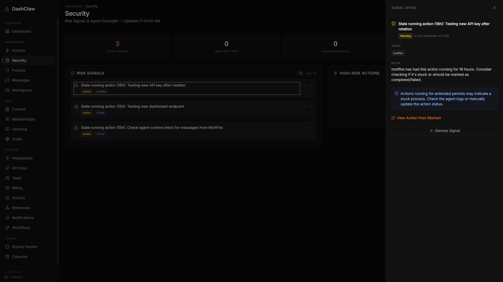 The real‑time security monitoring panel, displaying a live feed of red and amber risk signals alongside a specialized list of high‑impact agent behaviors that require human oversight.