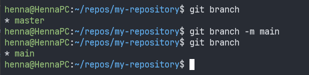Linux 終端機執行「gitbranch」指令、將「master」分支重新命名為「main」並顯示結果的螢幕截圖。