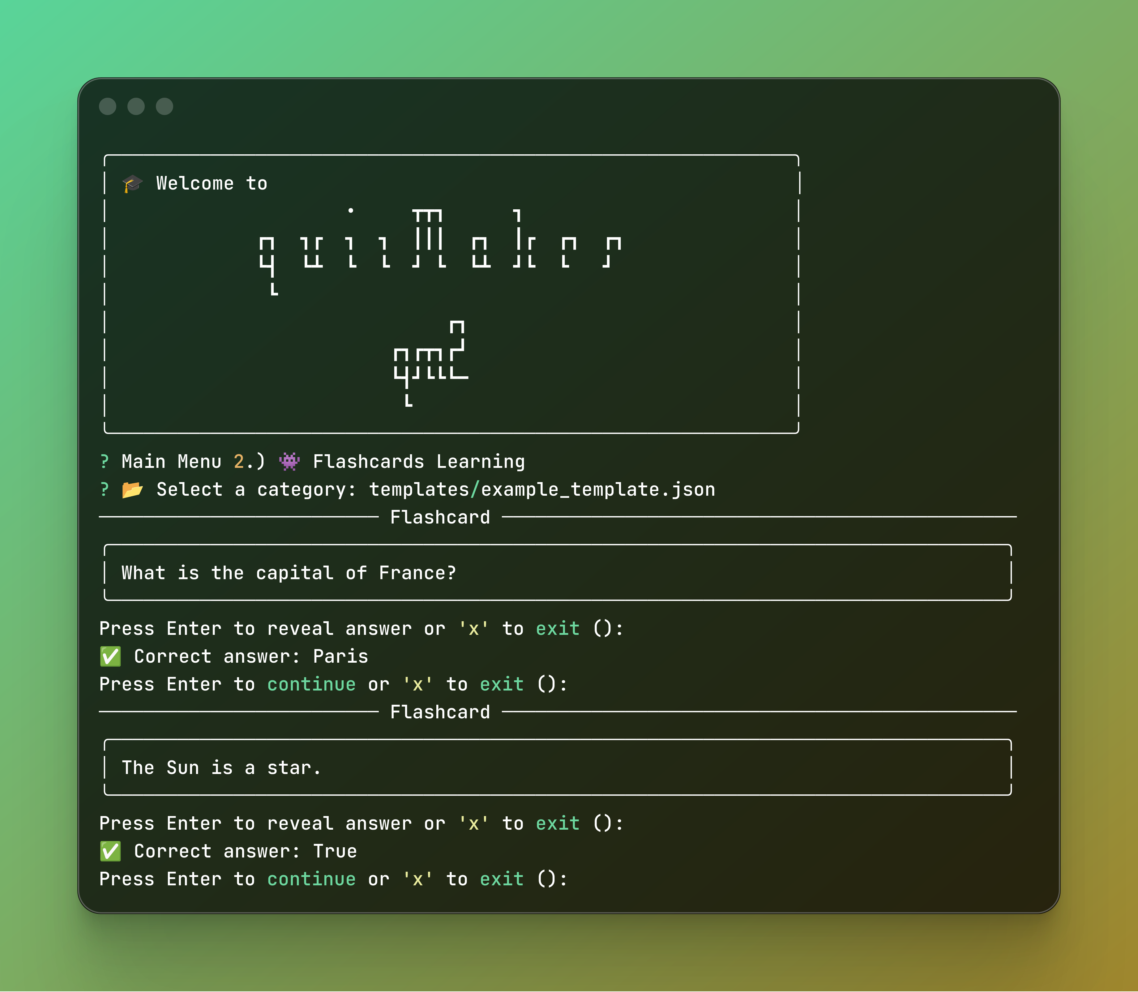 QM2 - Modern Python CLI Quiz Maker application main menu featuring ASCII art and interactive terminal UI on a green gradient background