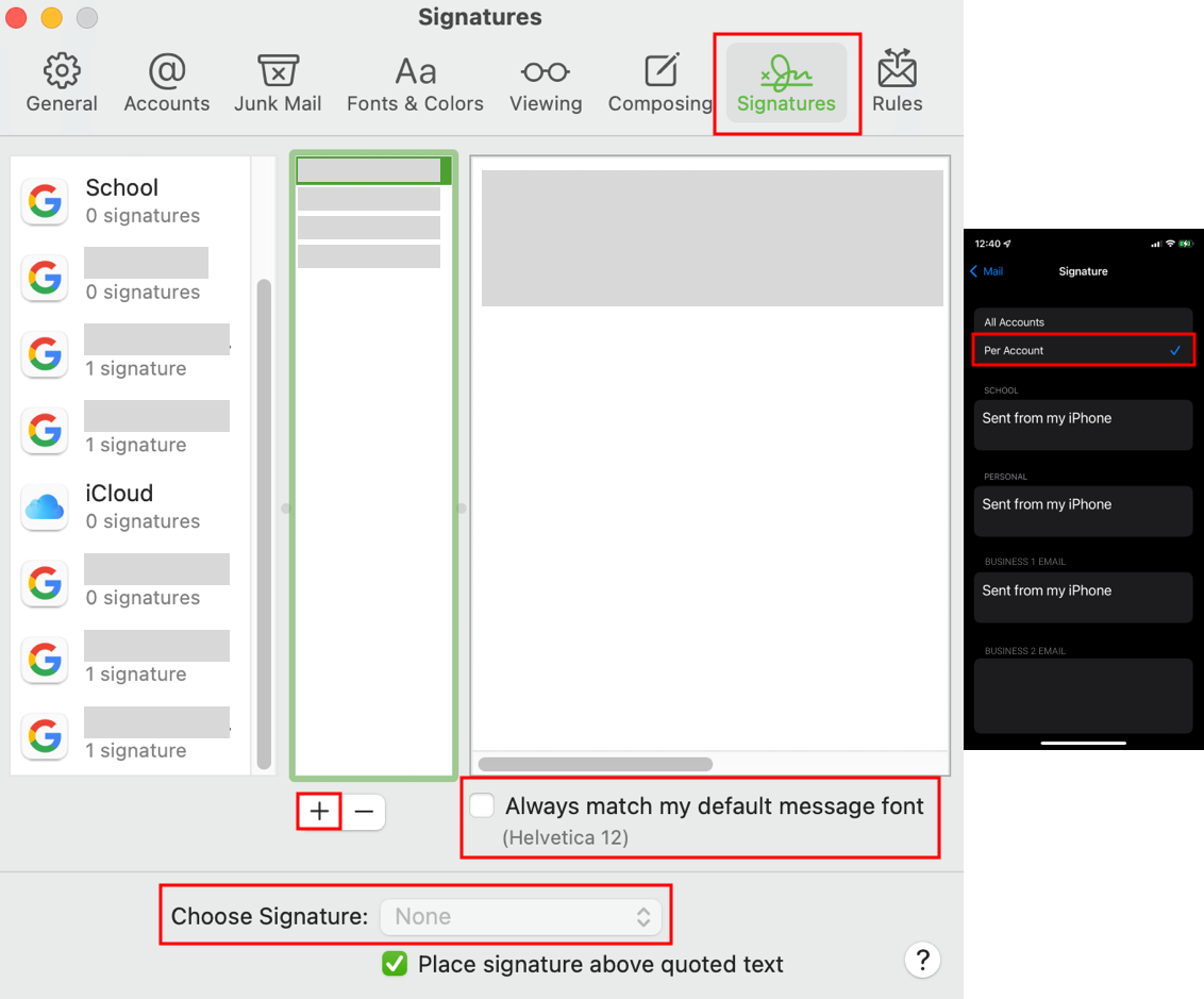 On macOS, go to Signatures tab under Apple Mail preferences (left). On iOS & iPadOS, go to Apple Mail under settings and tap "Per Account" for email-specific signatures (right).