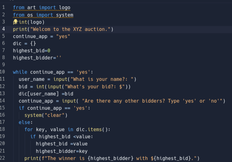 auction app using dictionary