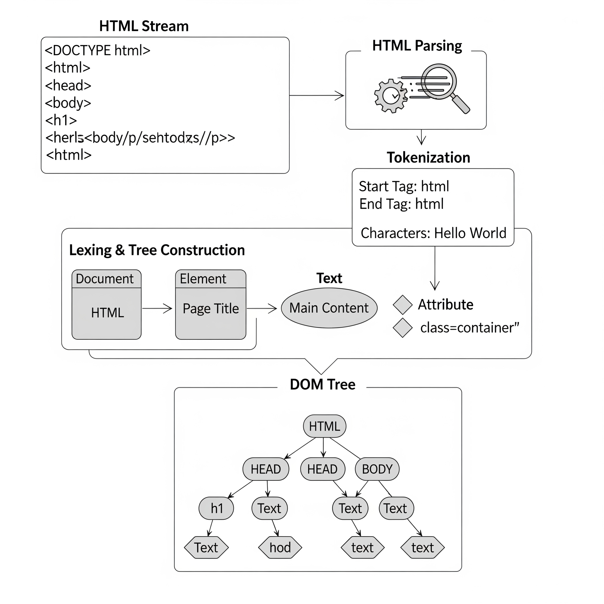 展示瀏覽器如何解析 HTML 並建立 DOM 樹的流程圖