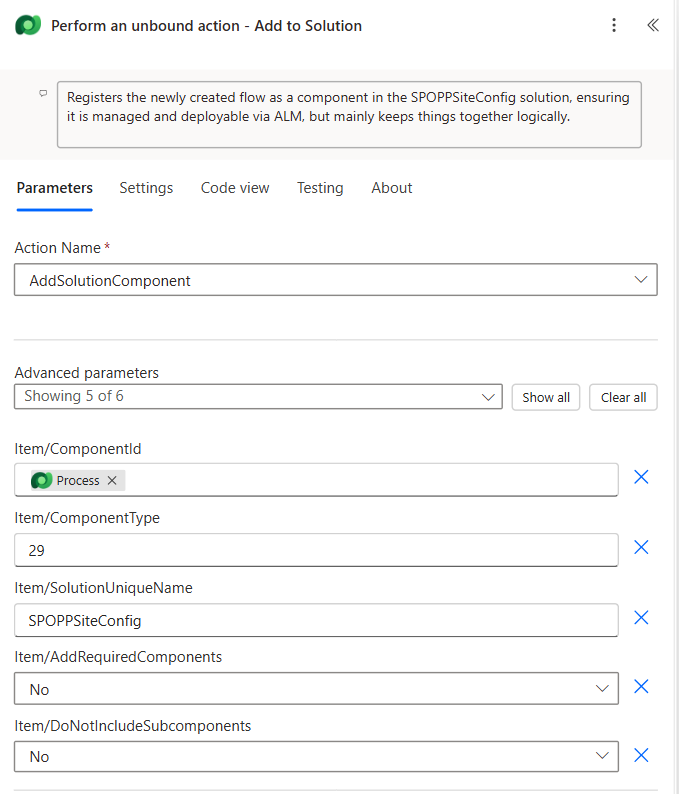 Screenshot: Perform unbound action — AddSolutionComponent